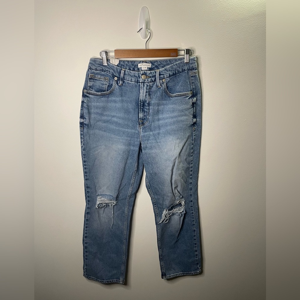 NWT Good American Good '90s Cropped Icon Jeans Distressed Knee Straight Leg